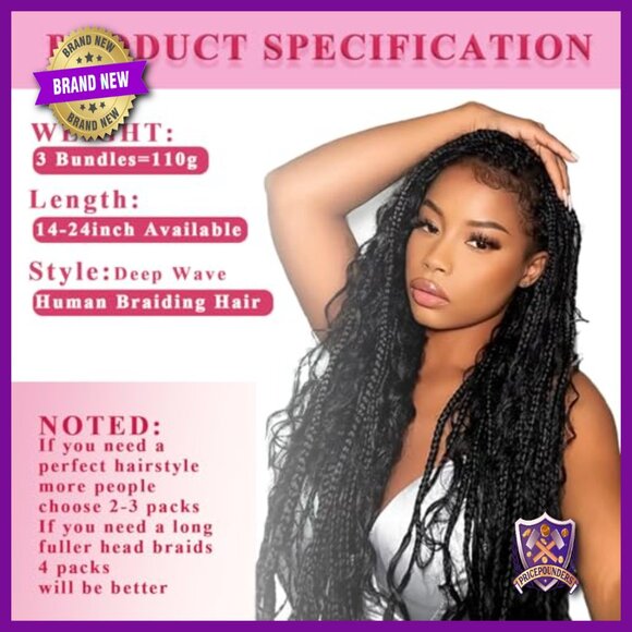 22 Inch Deep Wave Human Hair Bundles for Boho Braids 110g Brazilian Virgin main image 5